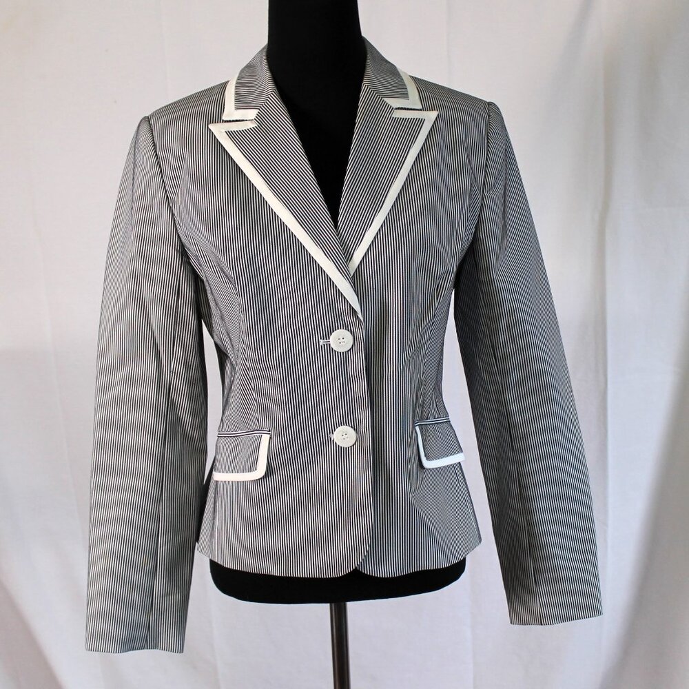 City Silk Stretch Navy & White Pinstripe Blazer, Size 4
